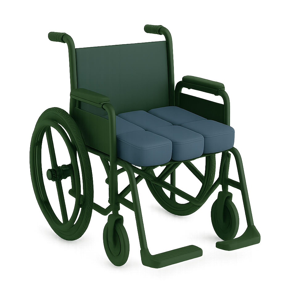 Wheelchair featuring modular slate blue BattleButt™ cushions designed for veterans and long-term use