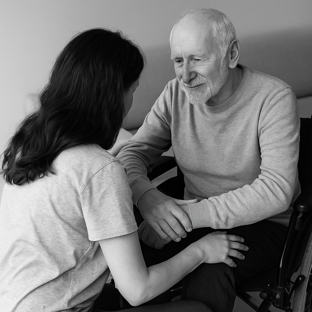 Caregiver offers comfort to elderly man in wheelchair, holding hands in support.