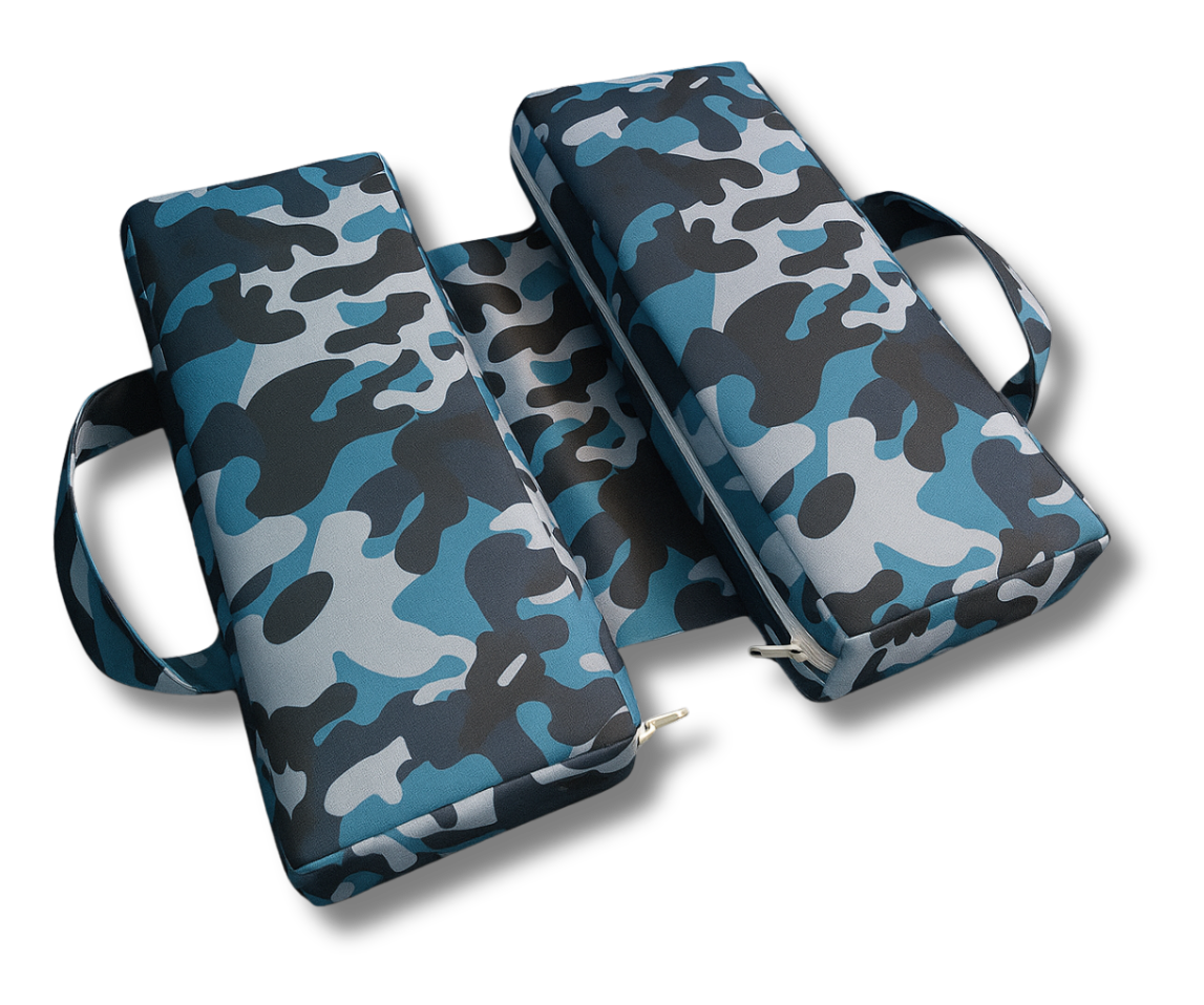 SunCloud™ camo-print travel cushion in blue, designed for ergonomic pelvic and tailbone support—ideal for veterans, wheelchair users, and long travel days.