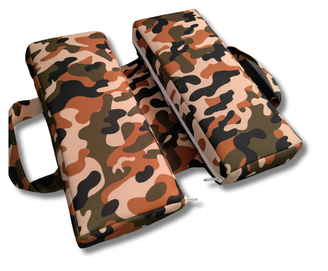 SunCloud™ camo-print travel cushion in orange, designed for ergonomic pelvic and tailbone support—ideal for veterans, wheelchair users, and long travel days.