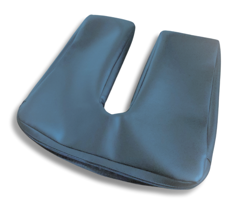 Wedgewood blue faux leather U-shape cushion cover for pelvic and tailbone relief, with eco-friendly, water-resistant, and non-slip design