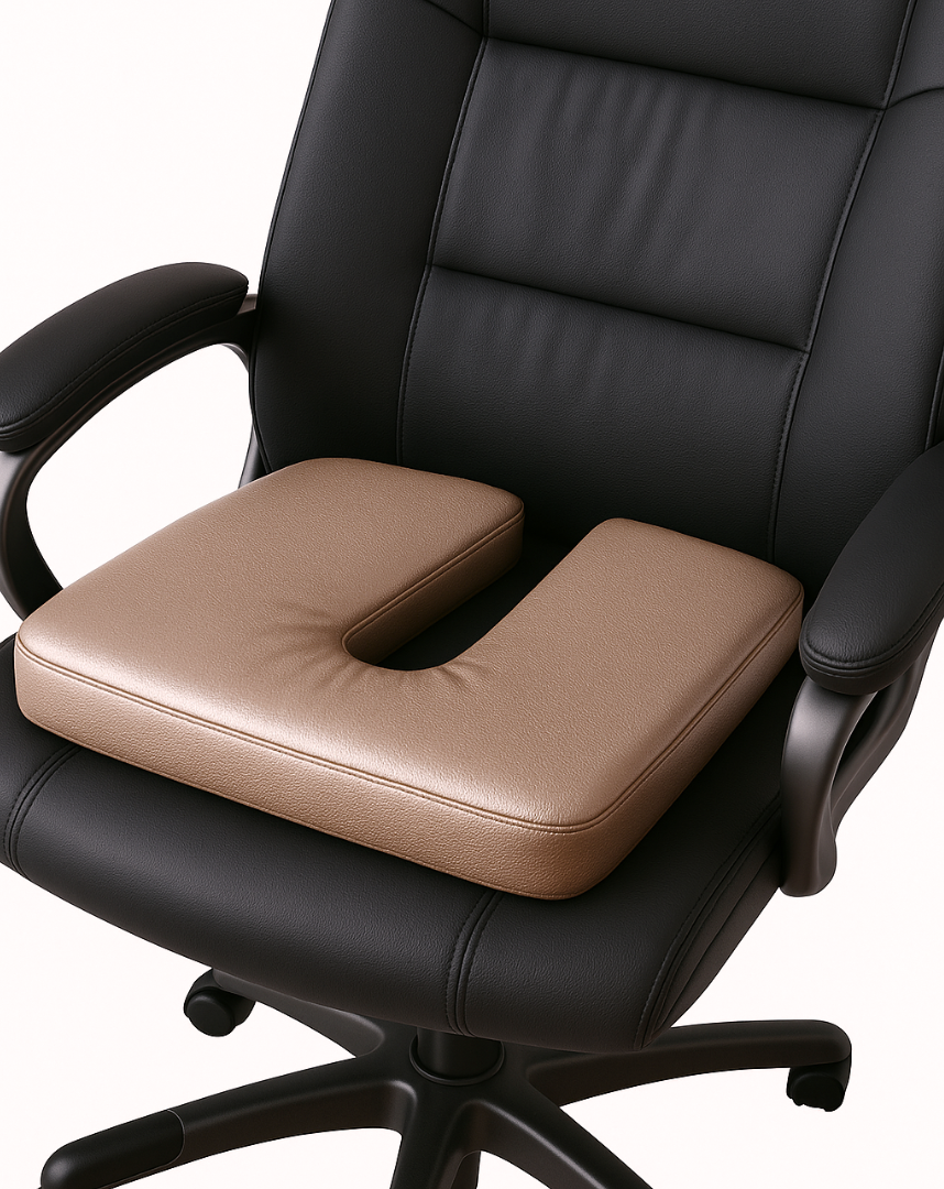 Champagne pearl U-shaped seat cushion on a modern black executive office chair, featuring a soft textured pearlescent faux leather finish for ergonomic comfort.