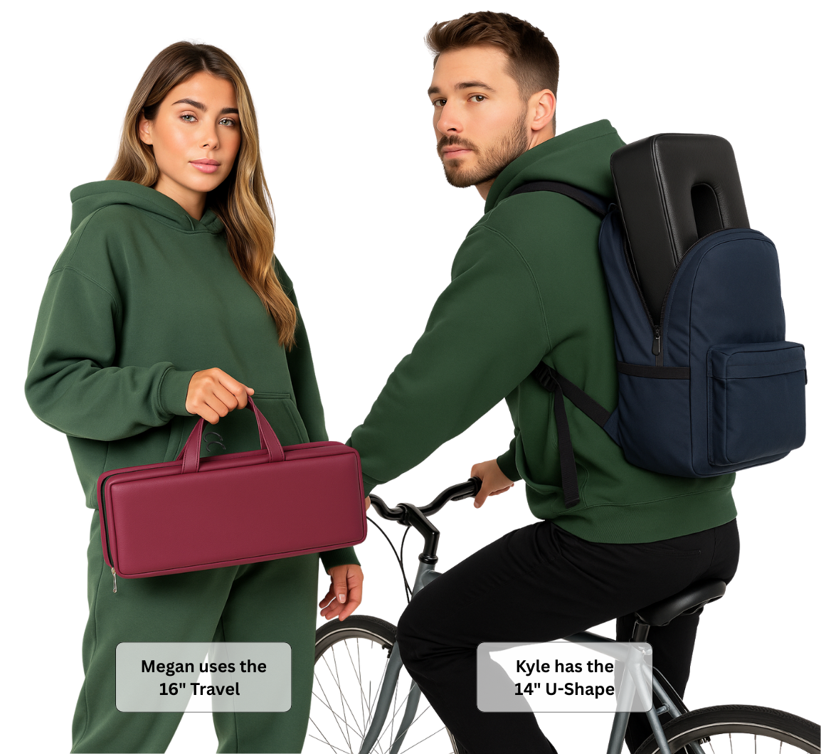 Man biking with backpack carrying SunCloud® 14-inch Mini U-Shape Cushion, next to woman holding Travel Cushion in burgundy faux leather against yellow background.