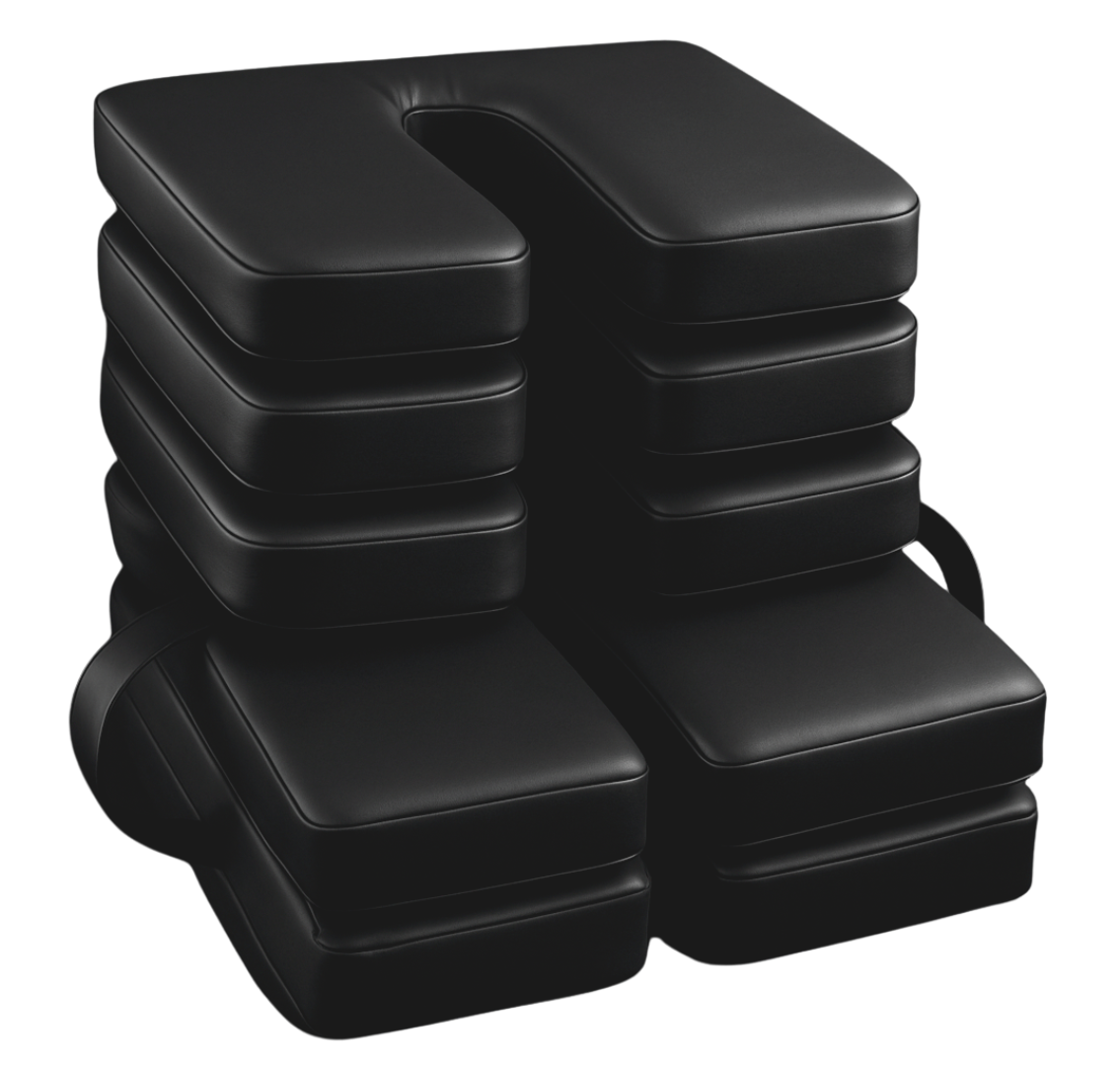 Stack of SunCloud Travel and U-Shaped seat cushions in black faux leather, designed for ergonomic comfort and pelvic pain relief.