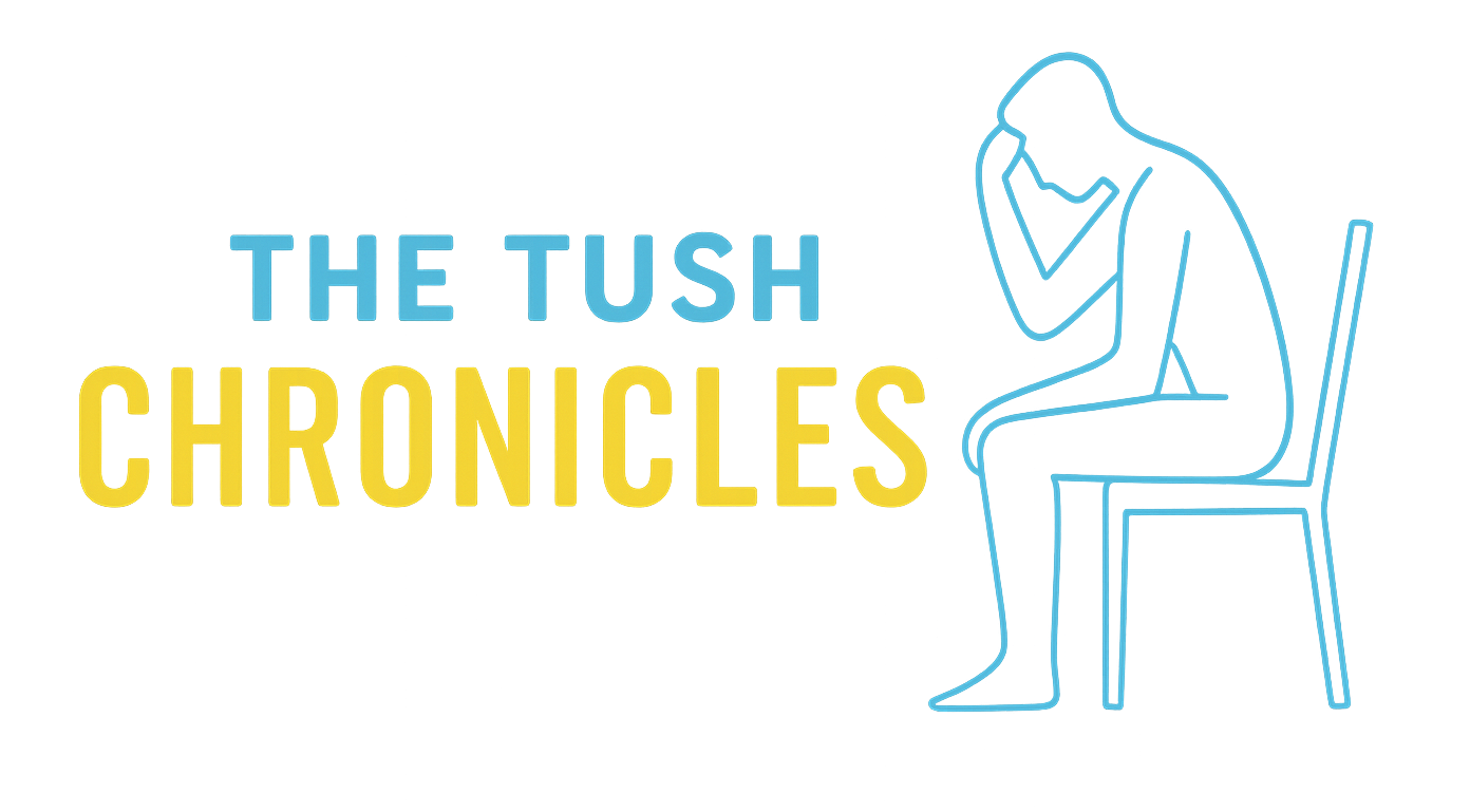 The Tush Chronicles blog header with transparent background, turquoise title, and cushion line art.
