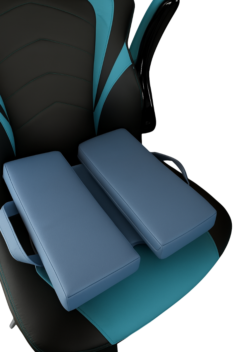 Wedgewood blue ergonomic seat cushion with handles, crafted from faux leather and positioned on a black and turquoise gaming chair. Designed for support and comfort during long sitting sessions, ideal for home, office, or travel use.