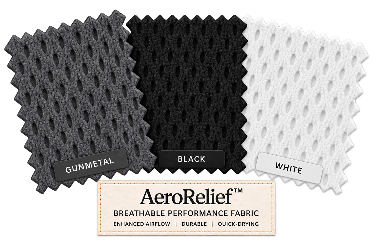 AeroRelief™ breathable performance fabric color samples in Gunmetal, Black and White with enhanced airflow design