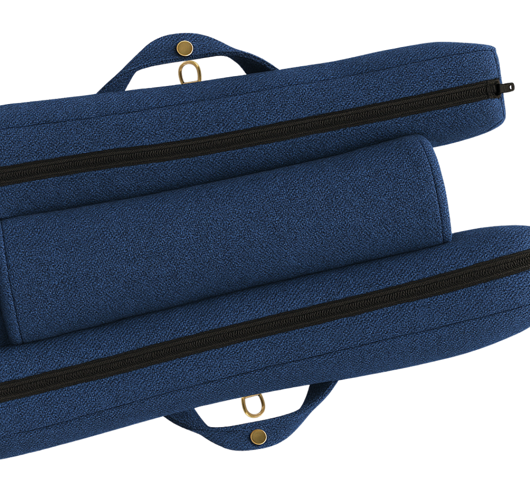 Durable navy blue ergonomic travel seat cushion with dual black zippers and center padding, crafted from textured polyester with carry handles—perfect for airplane travel, desk work, and post-surgery support.