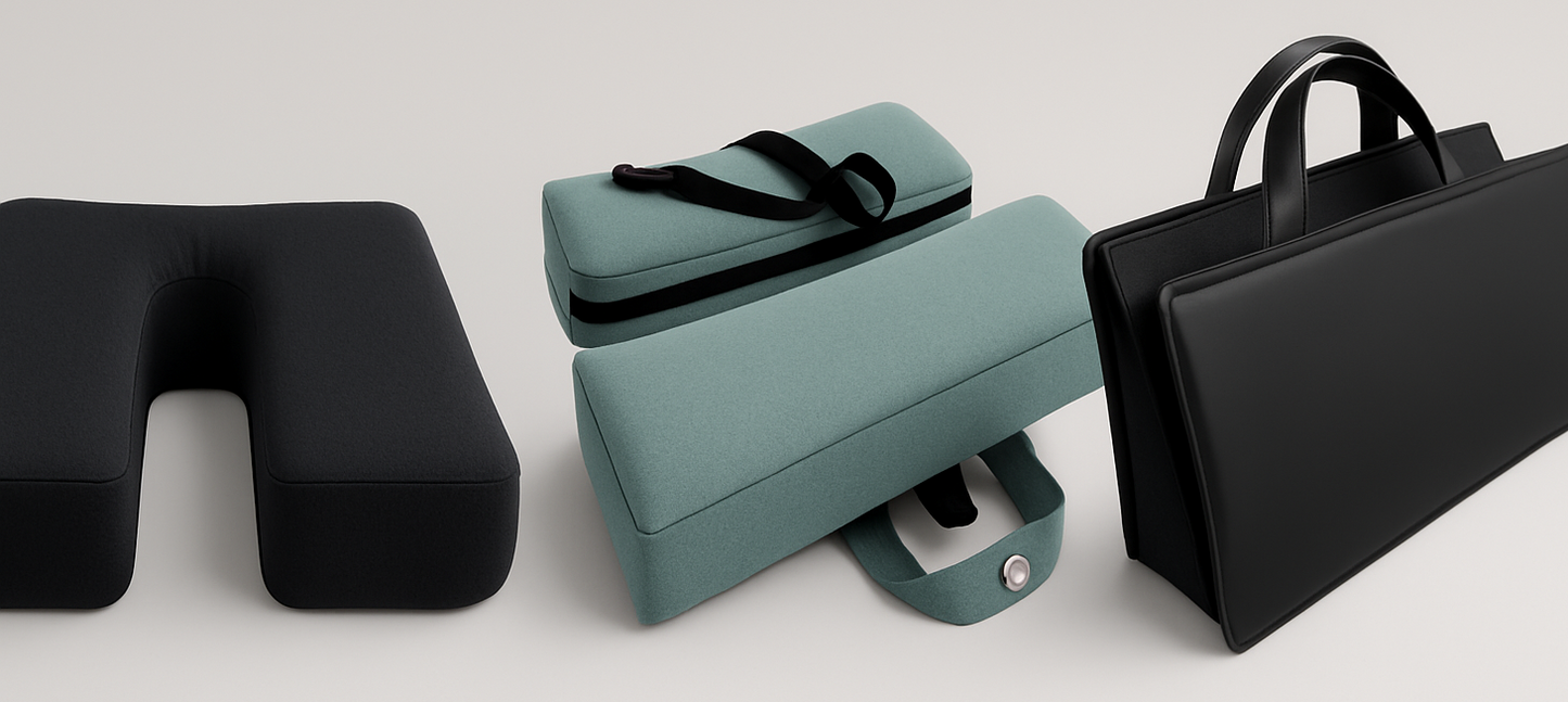 Black and green travel accessories including a pillow, case, and bag on a light gray background