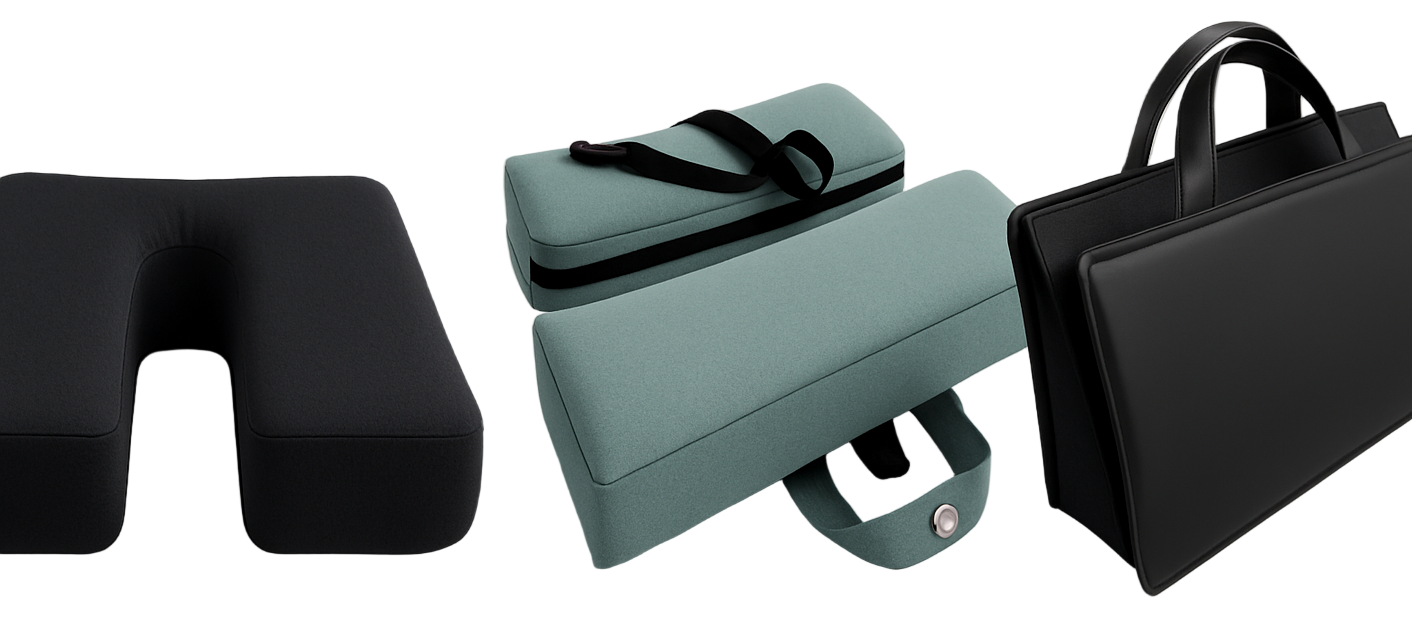 Collection of travel accessories including a black seat pillow, green suitcase, and black briefcase on a light gray background.