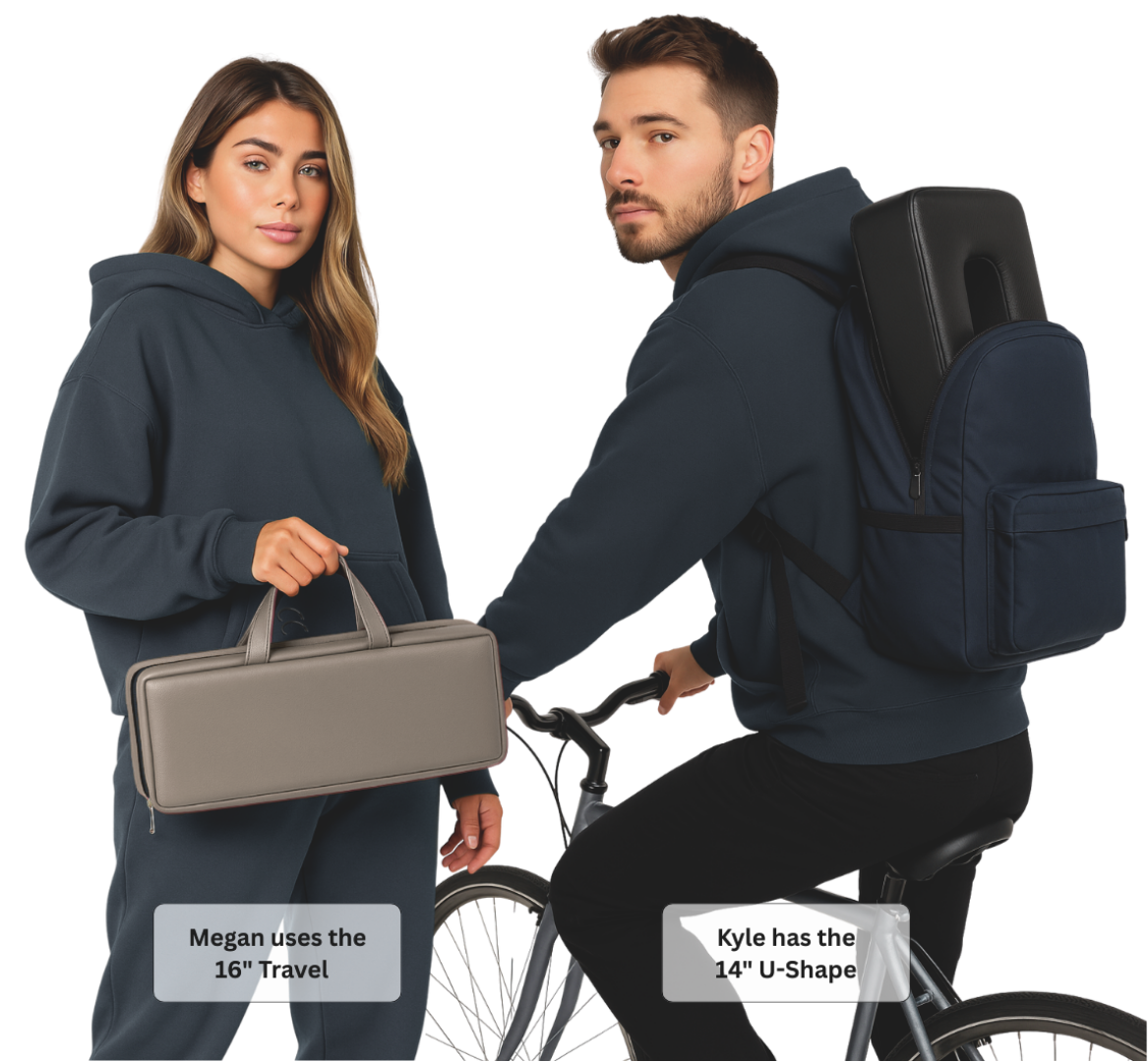 Man biking with backpack carrying SunCloud® 14-inch Mini U-Shape Cushion, next to woman holding Travel Cushion in burgundy faux leather against yellow background.