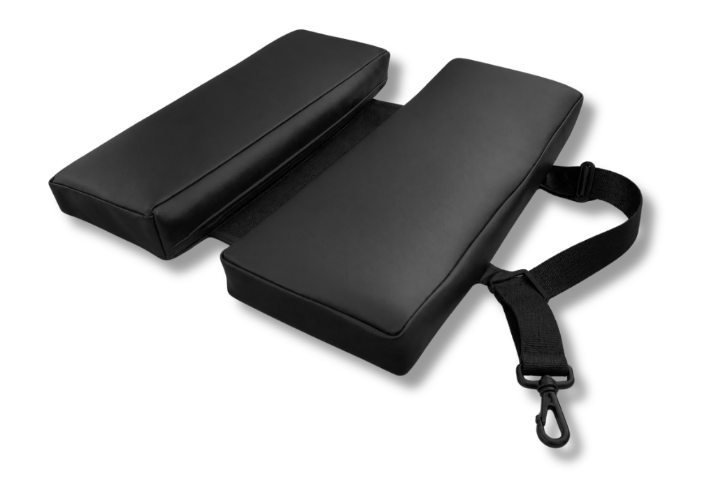 Black padded wheelchair armrests with an adjustable strap and metal clip, shown on a clean white background.