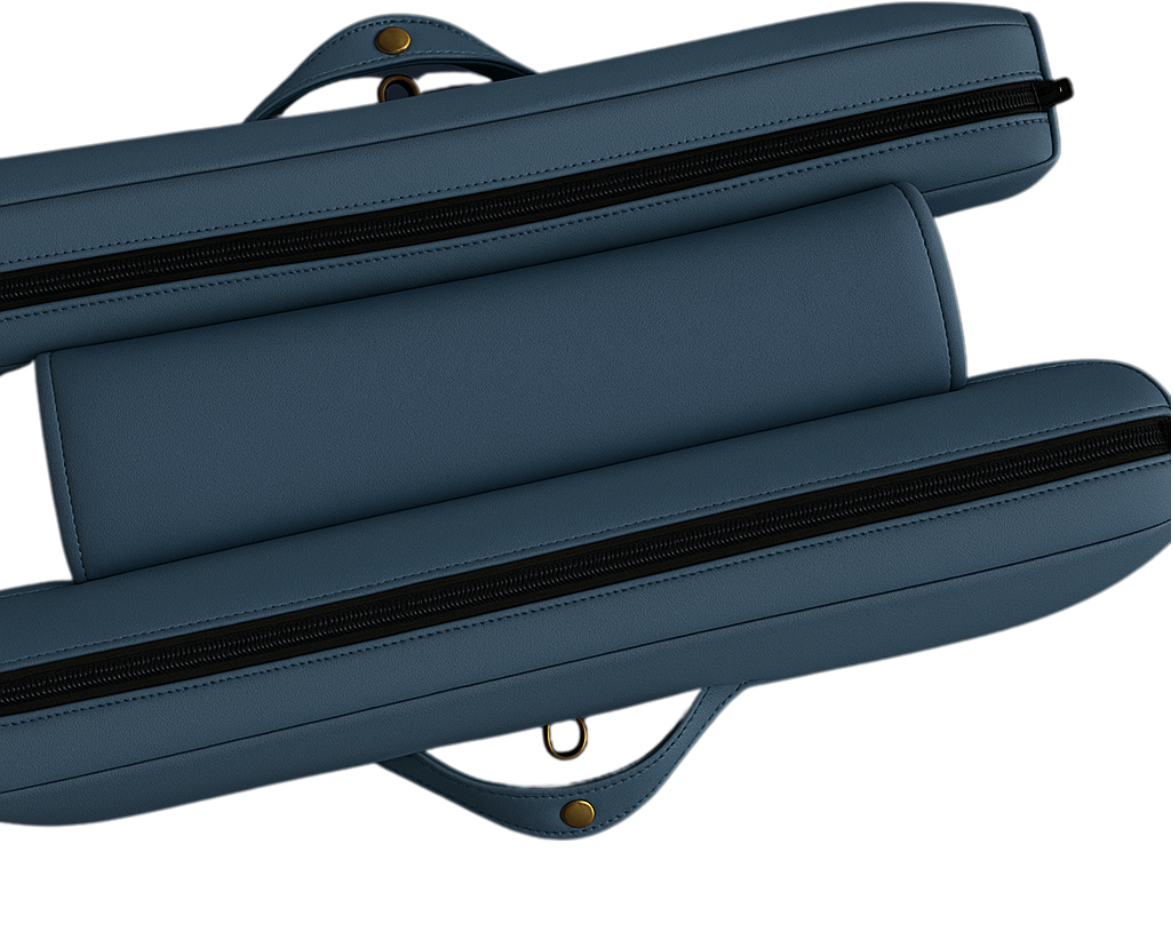 Wedgewood Blue ergonomic dual-compartment travel cushion with black zippers and handle, made from eco-friendly faux leather.