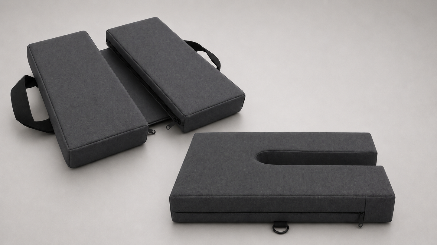 unCloud Travel Cushion and U-Shape Coccyx Cushion with pressure-relief center channel, foldable design, and ergonomic support for pelvic pain, tailbone pain, office seating, driving, and travel.