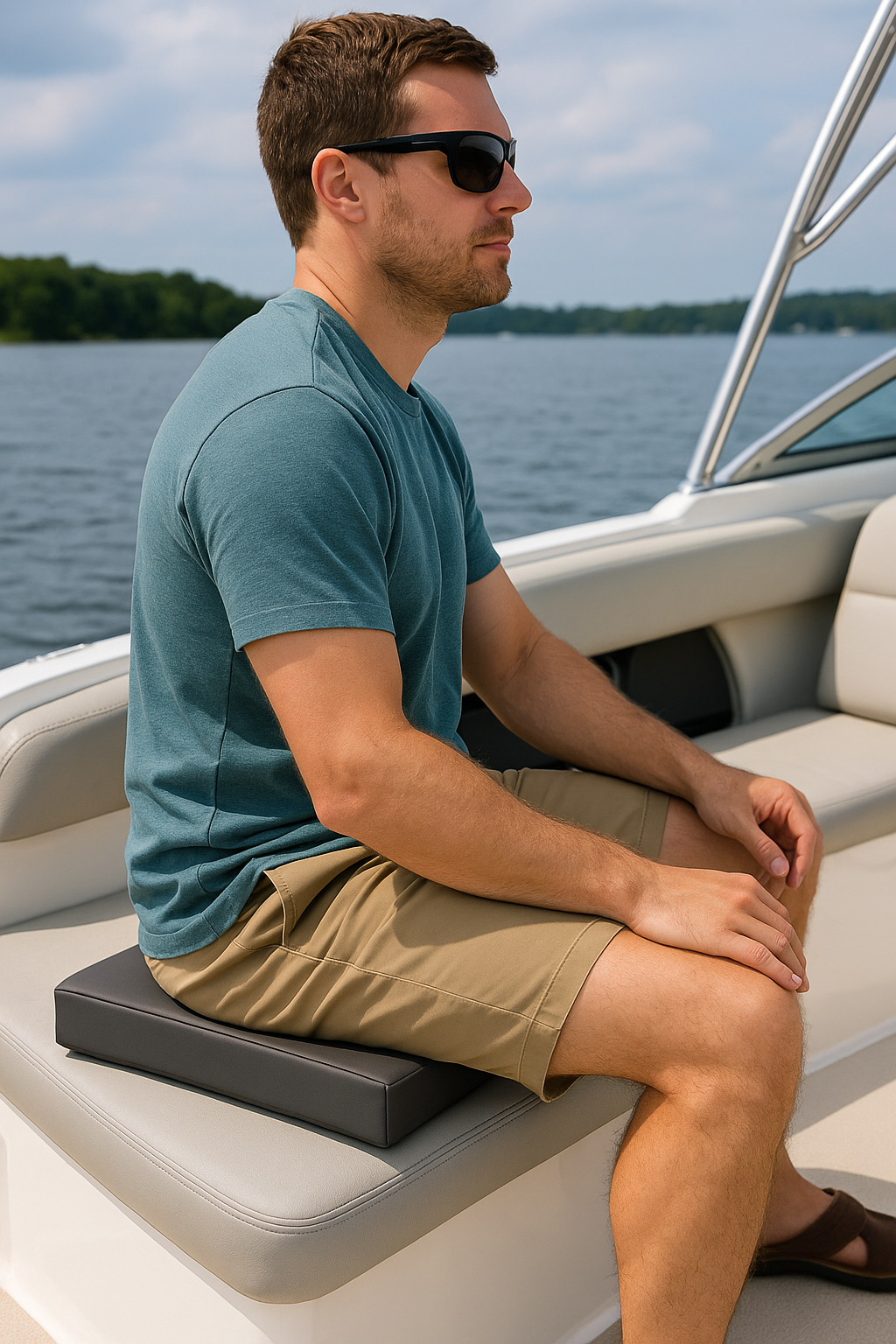 Man sitting on a boat seat with a cushion, wearing sunglasses and a teal shirt.