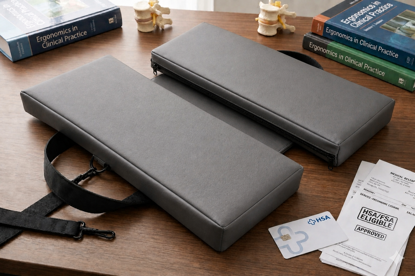 Medium gray ergonomic seat cushion with strap resting on desk, designed for travel comfort and pressure relief