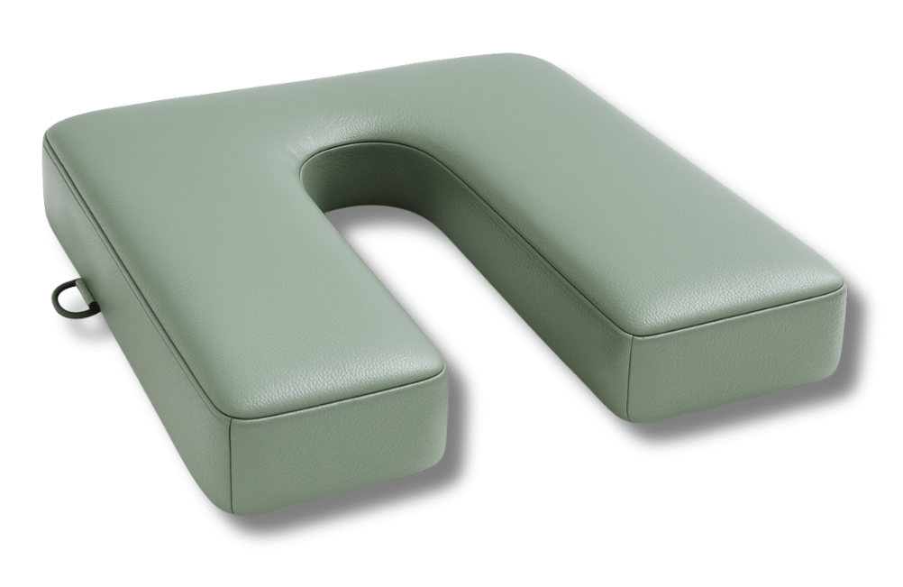 SunCloud® Mini 14-inch U-shaped sage green faux leather ergonomic seat cushion with D-rings for coccyx, tailbone, and pelvic pain relief.