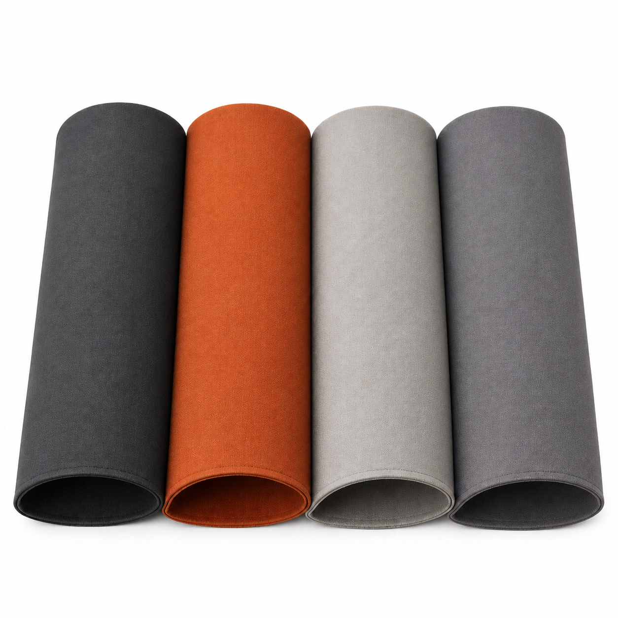 SunCloud® durable canvas seat cushion fabric in black, rust orange, silver gray, and charcoal gray.