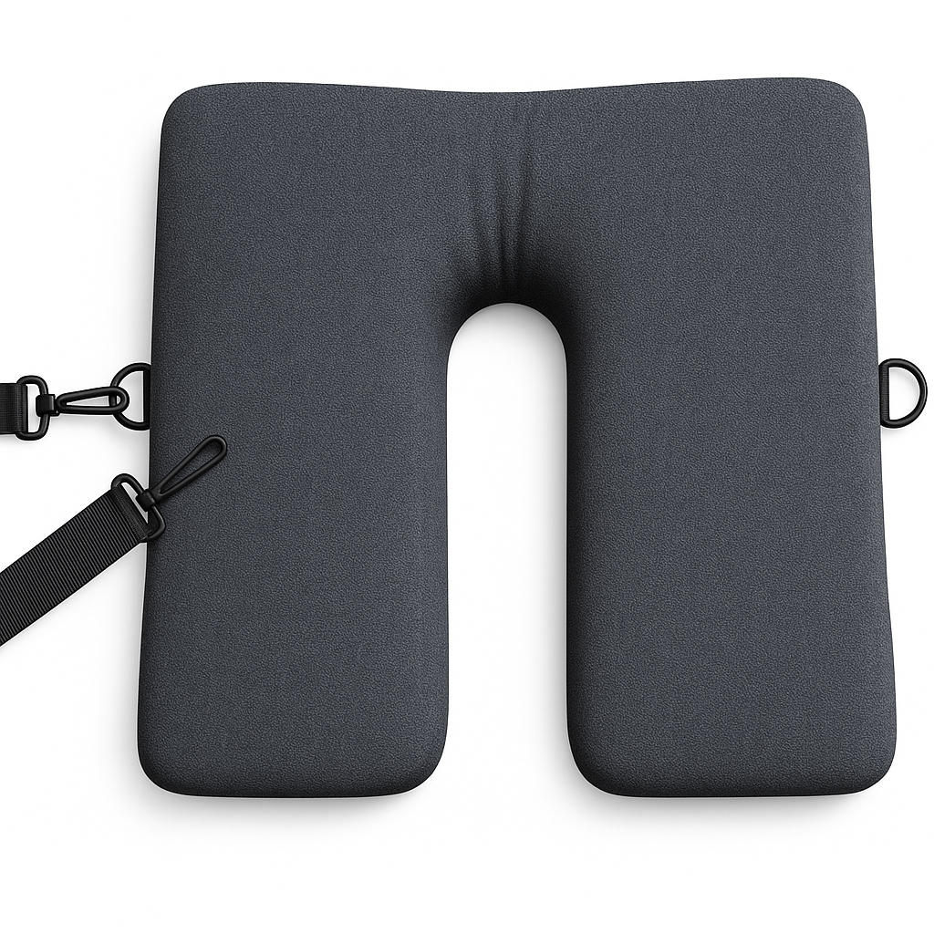 SunCloud® coccyx U-shaped seat cushion with cut-out tailbone design and detachable carry strap for easy transport and daily use.