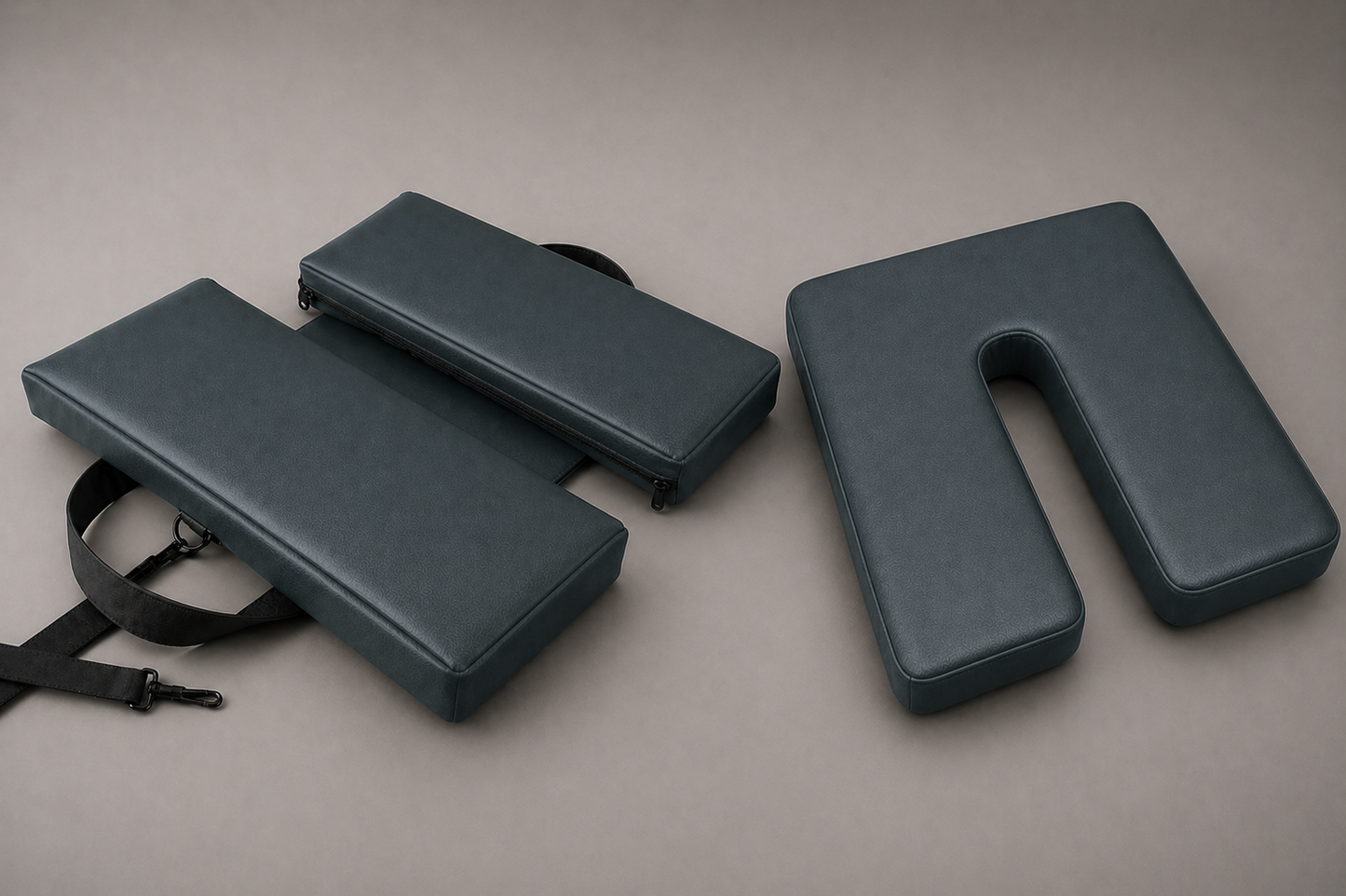 Three gray foam pads with a strap on a beige background