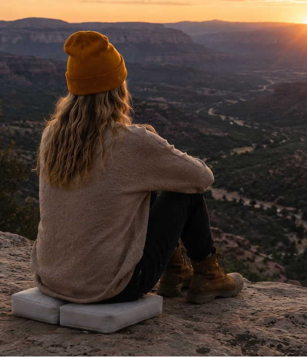 A woman sits on a gray cushioned pad on a rocky cliff, viewed from behind, wearing a mustard yellow beanie, beige sweater, black pants, and brown boots, with a vast canyon landscape and a setting sun in the background.