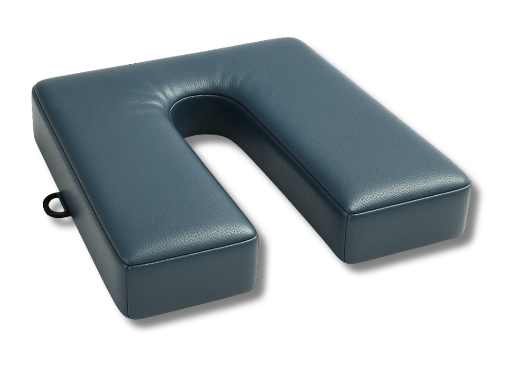 Wedgewood blue U-shaped cushion in easy-to-clean faux leather for ergonomic and aesthetic seating support