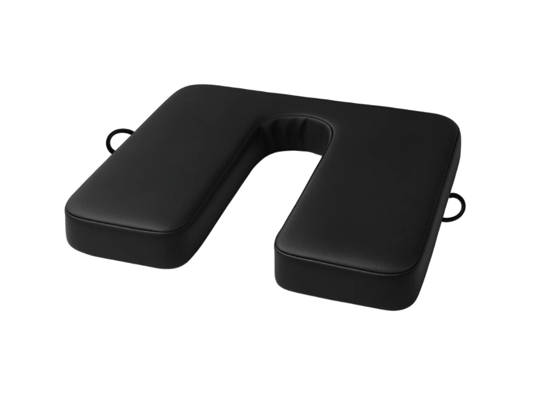 High-end black faux leather U-shaped cushion designed for ergonomic comfort and pelvic support