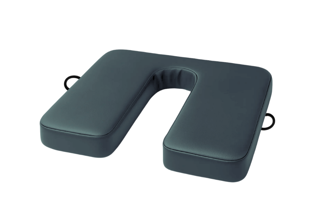 Wedgewood blue U-shaped cushion in easy-to-clean faux leather for ergonomic and aesthetic seating support