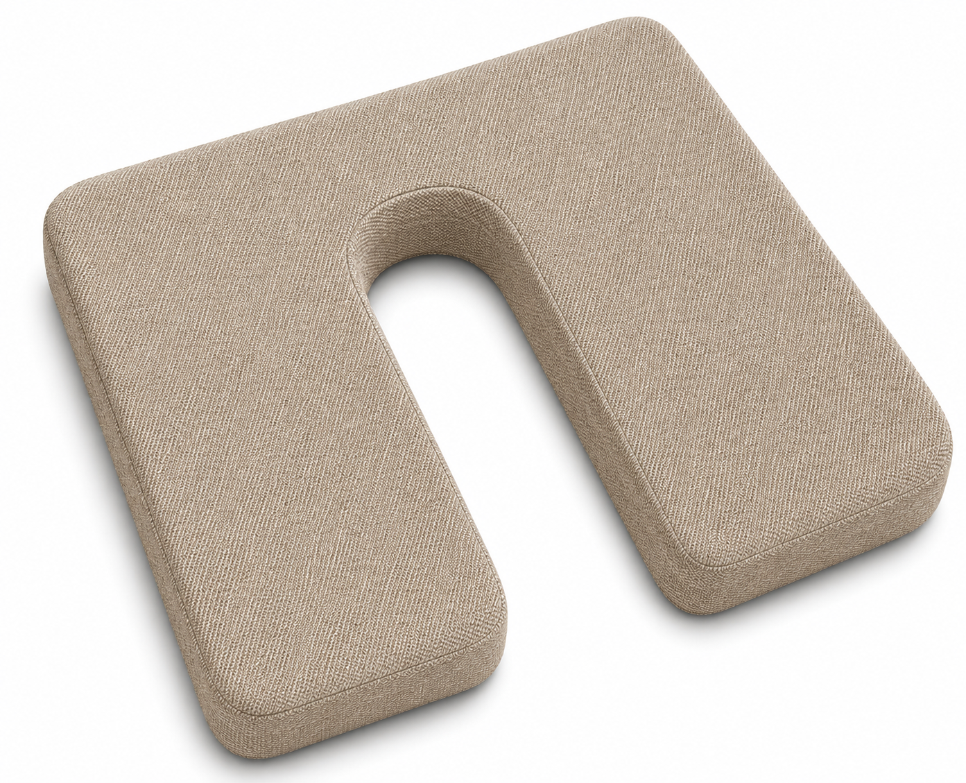 SunCloud® beige U-shaped coccyx seat cushion with centered black metal D-rings, smooth linen-style fabric, and tailbone relief cutout on a soft gray background.