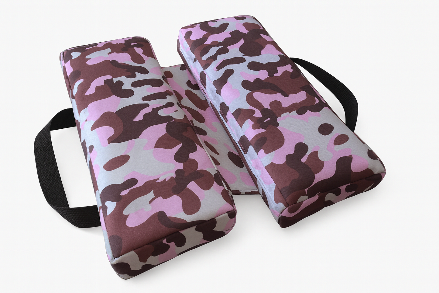 SunCloud™ camo-print travel cushion in pink, designed for ergonomic pelvic and tailbone support—ideal for veterans, wheelchair users, and long travel days.