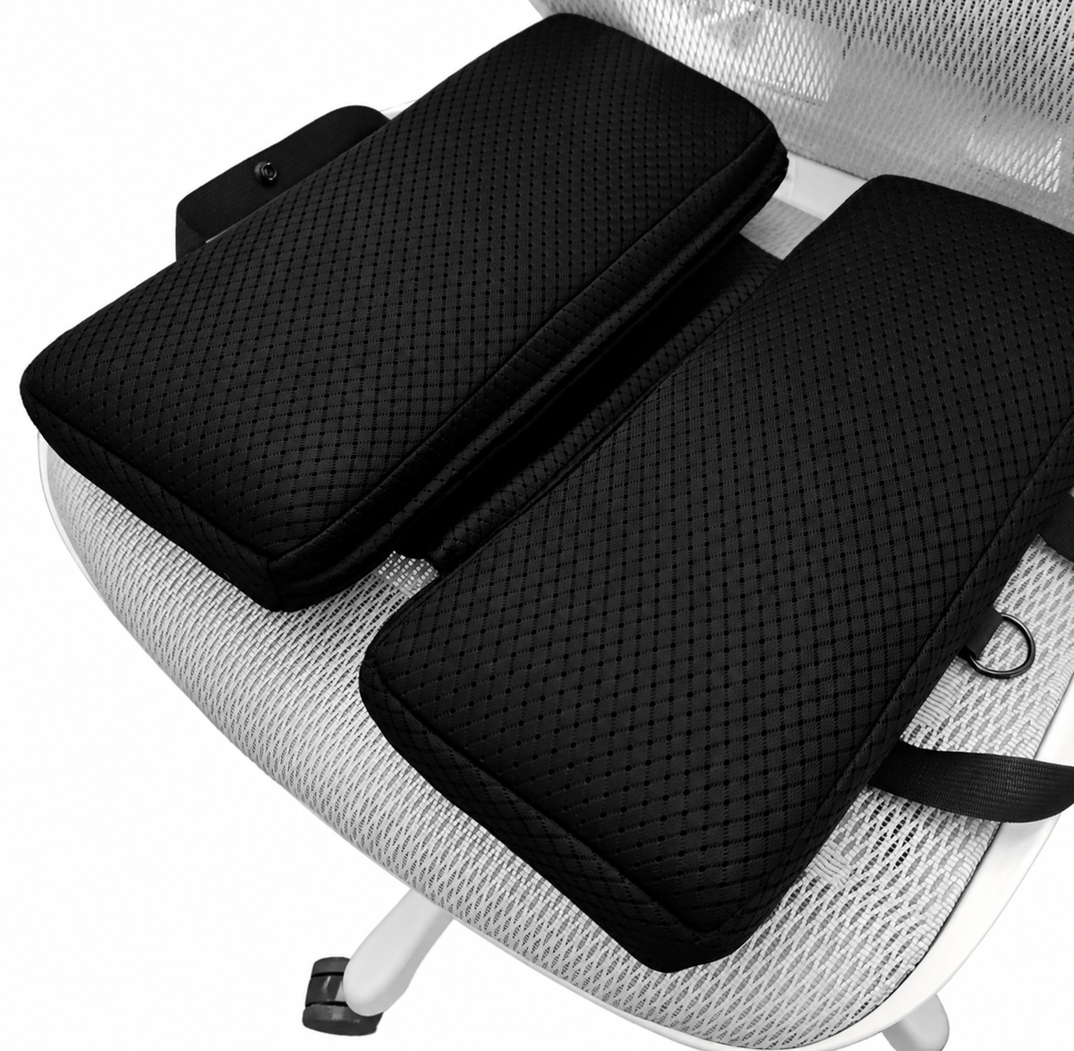 Black SunCloud AirFlow Travel Cushion with breathable cooling fabric and center pressure-relief channel on an office chair