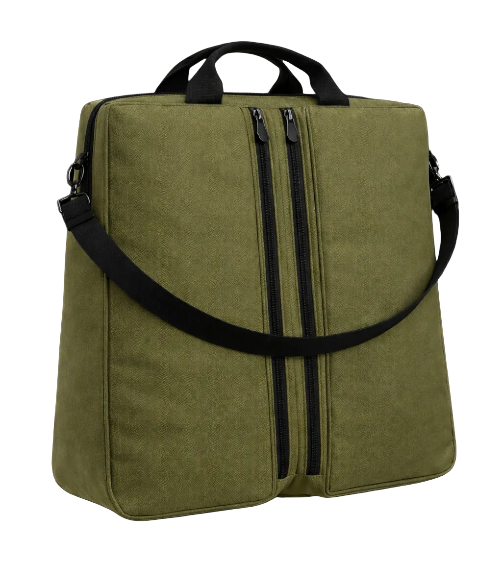 Green backpack with black straps on a black background