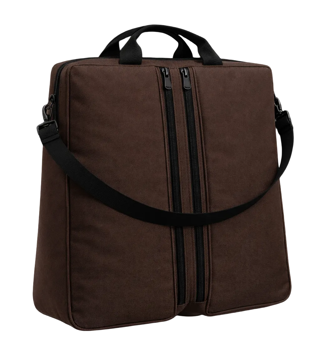 Brown backpack with black straps on a white background