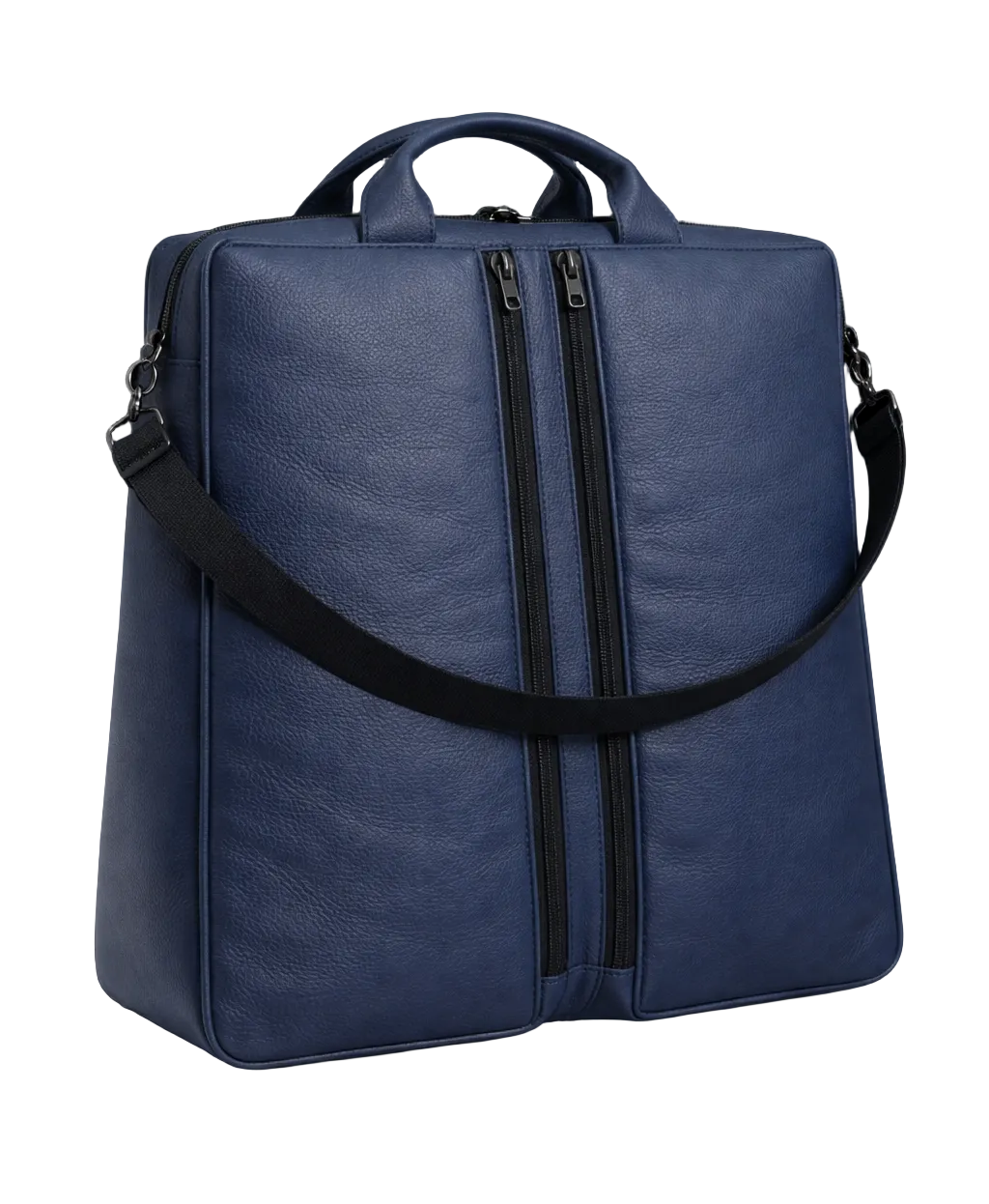 Blue backpack with black straps and zippers on a black background