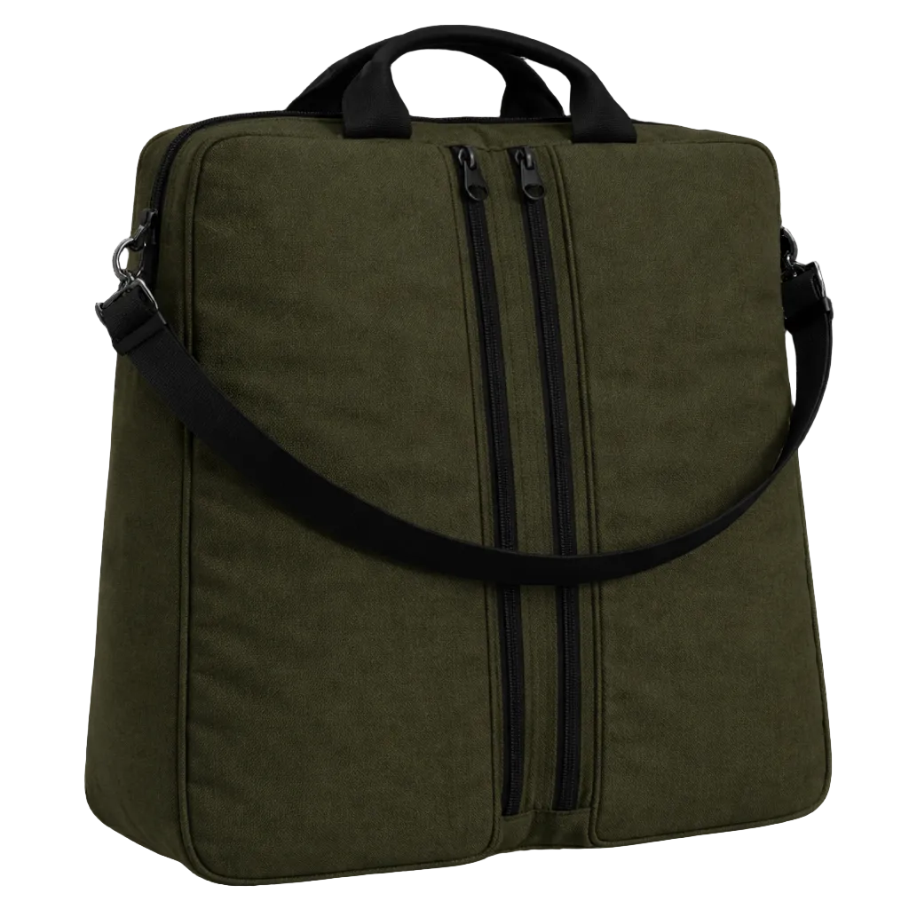 Olive green water-repellent backpack with black straps on a black background