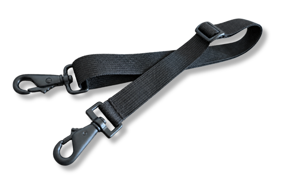 A black nylon car seat belt strap with black plastic swivel clamps on both ends, shown on a white background with a soft drop shadow.