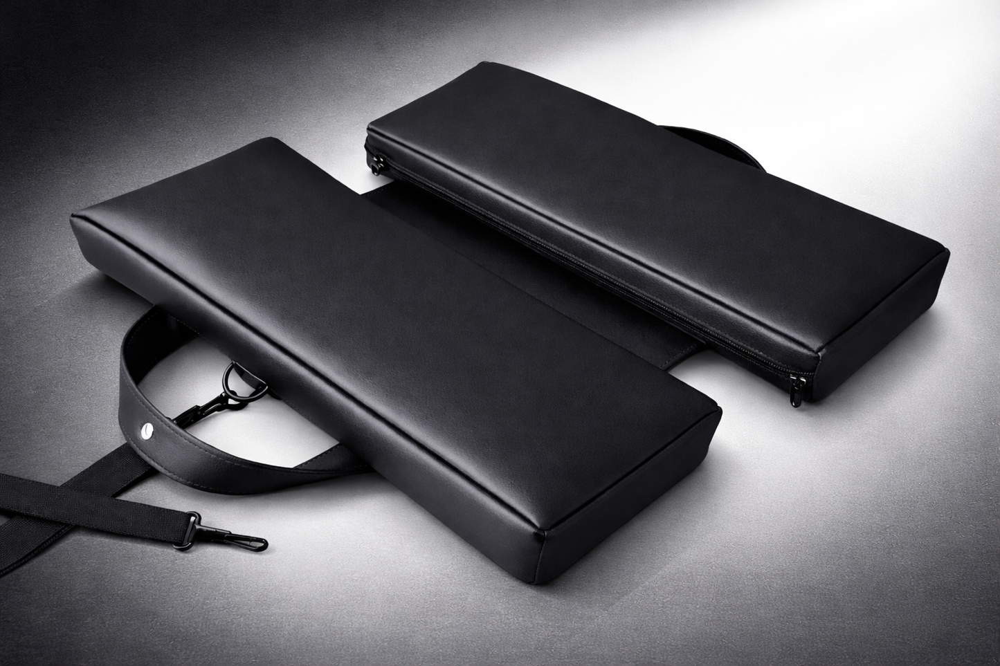 Black travel seat cushion with strap, designed for tailbone pain relief and pelvic support, featuring medical-grade foam for travel and everyday sitting