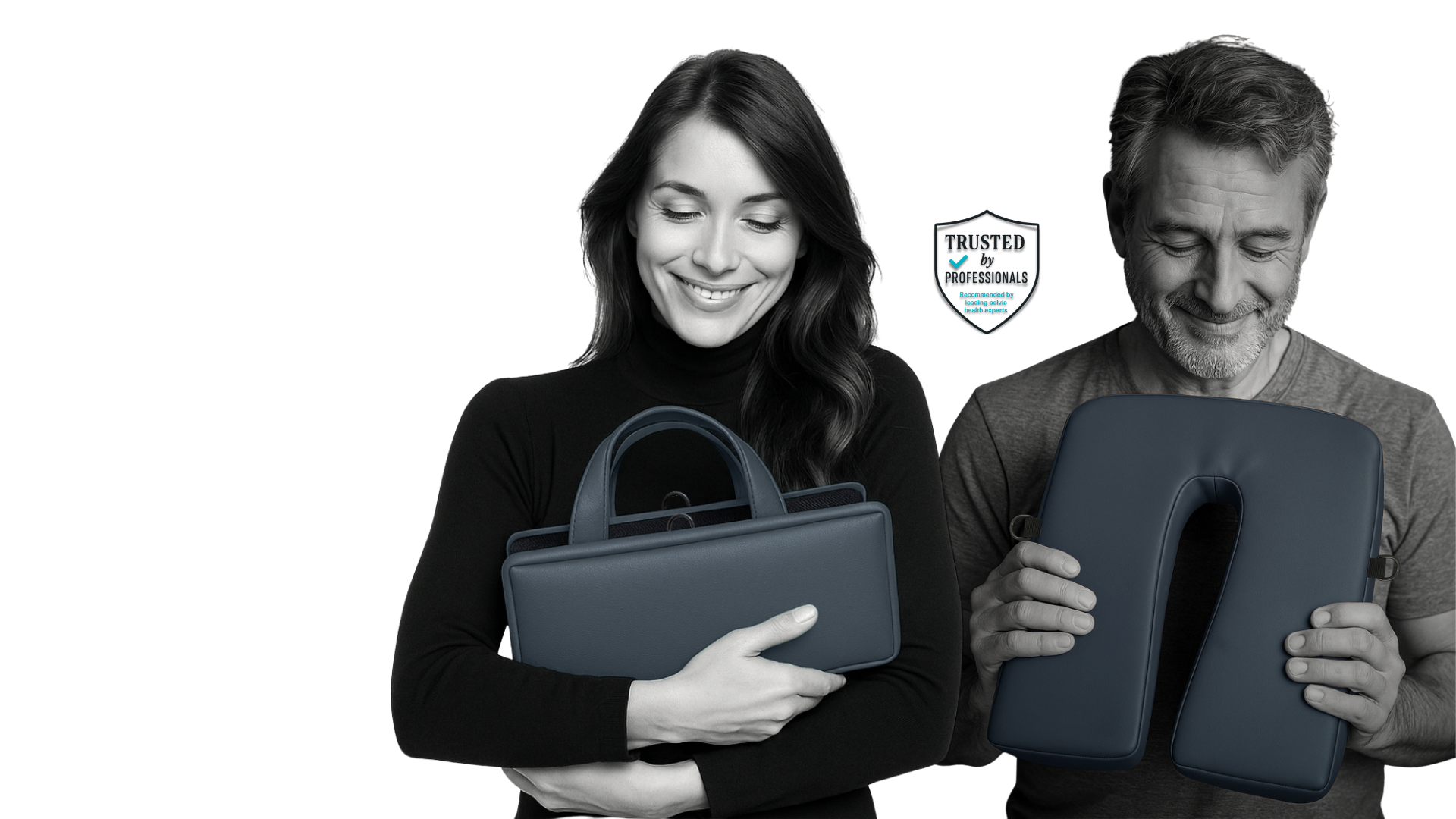 Man and woman holding SunCloud® ergonomic seat cushions designed for pelvic pain, tailbone relief, and comfortable sitting at home or while traveling