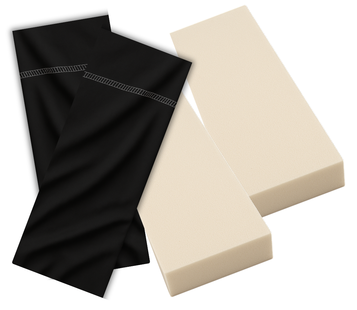 Black faux leather cushion cover with removable beige foam inserts for ergonomic seating support.