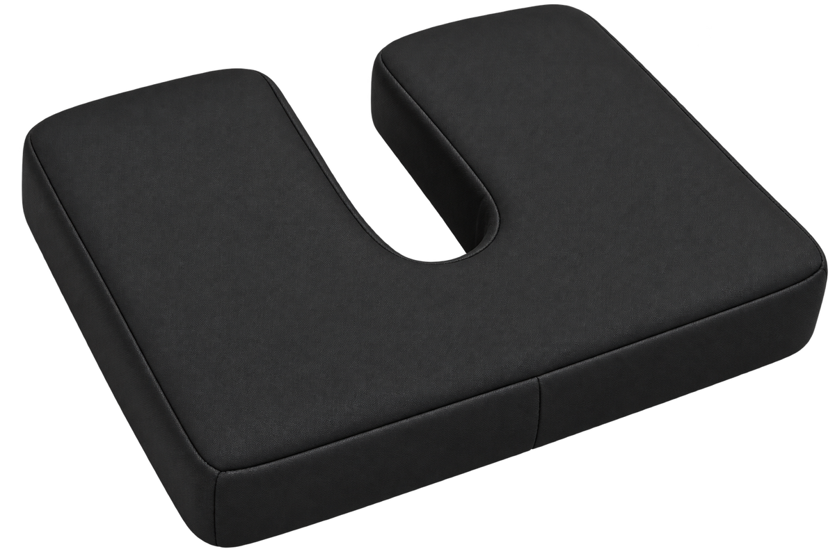 SunCloud® U-Shape Coccyx Seat Cushion in dark charcoal black fabric with a smooth woven texture, featuring a contoured cutout for tailbone pressure relief.