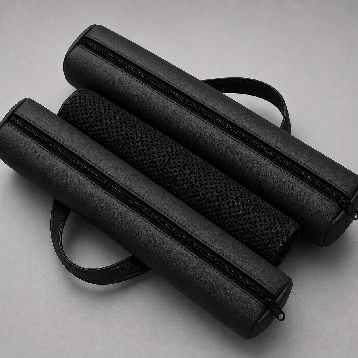SunCloud® AirFlow Cooling Channel™ travel seat cushion featuring premium black faux leather and a breathable 3D cooling spacer mesh center channel for improved airflow and pressure relief.