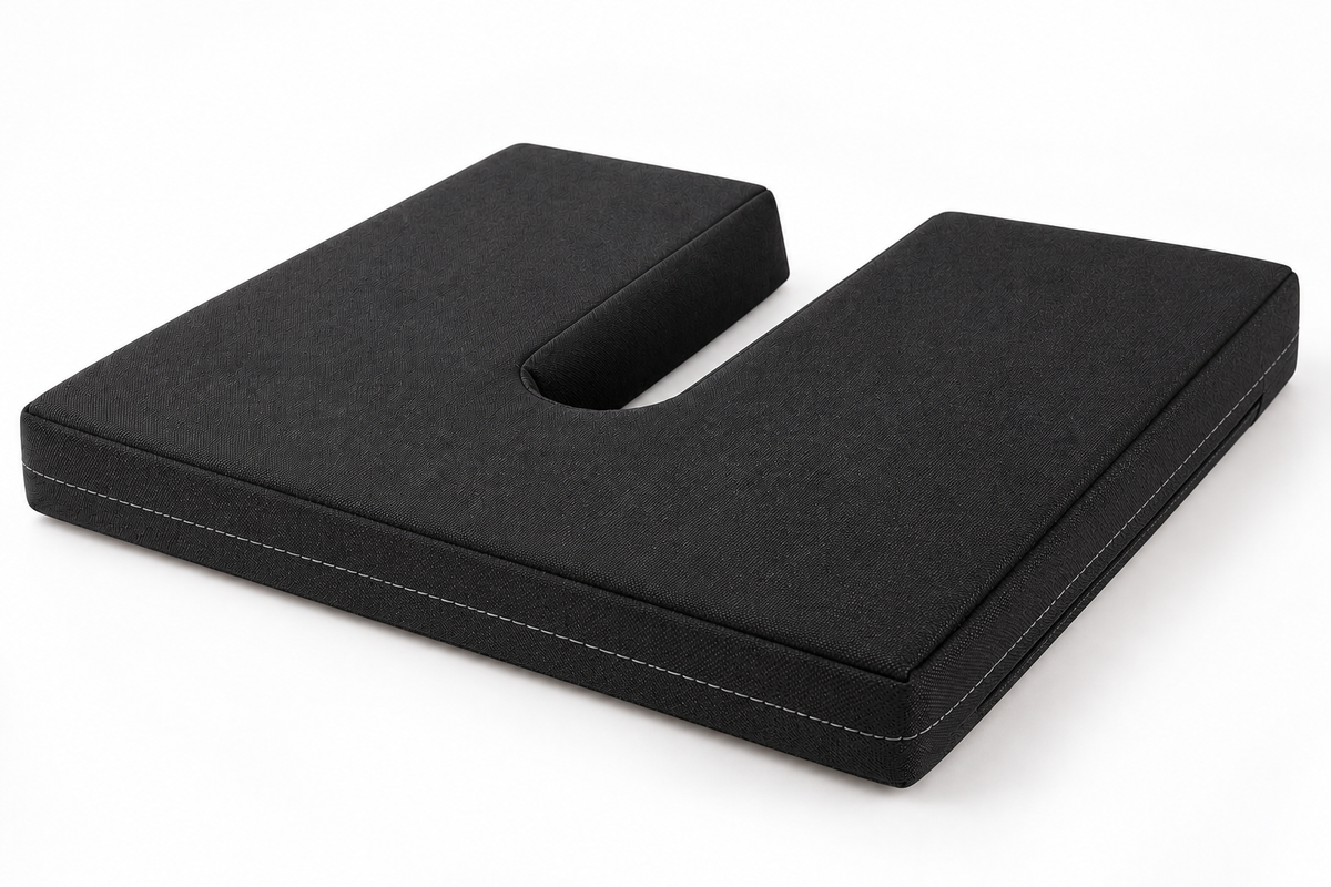 SunCloud Black Canvas Coccyx Cushion with U-shaped pressure-relief cutout and durable woven cover.