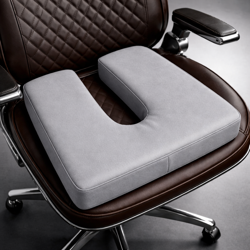 SunCloud® U-shaped coccyx seat cushion in gray performance fabric on an office chair, designed to relieve tailbone pressure and support pelvic alignment for long sitting.