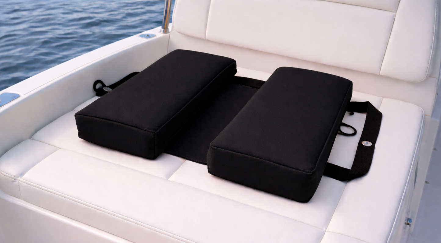 Black waterproof neoprene travel seat cushion on boat bench, SunCloud foldable cushion with cushioned support for outdoor, marine and hard surface seating