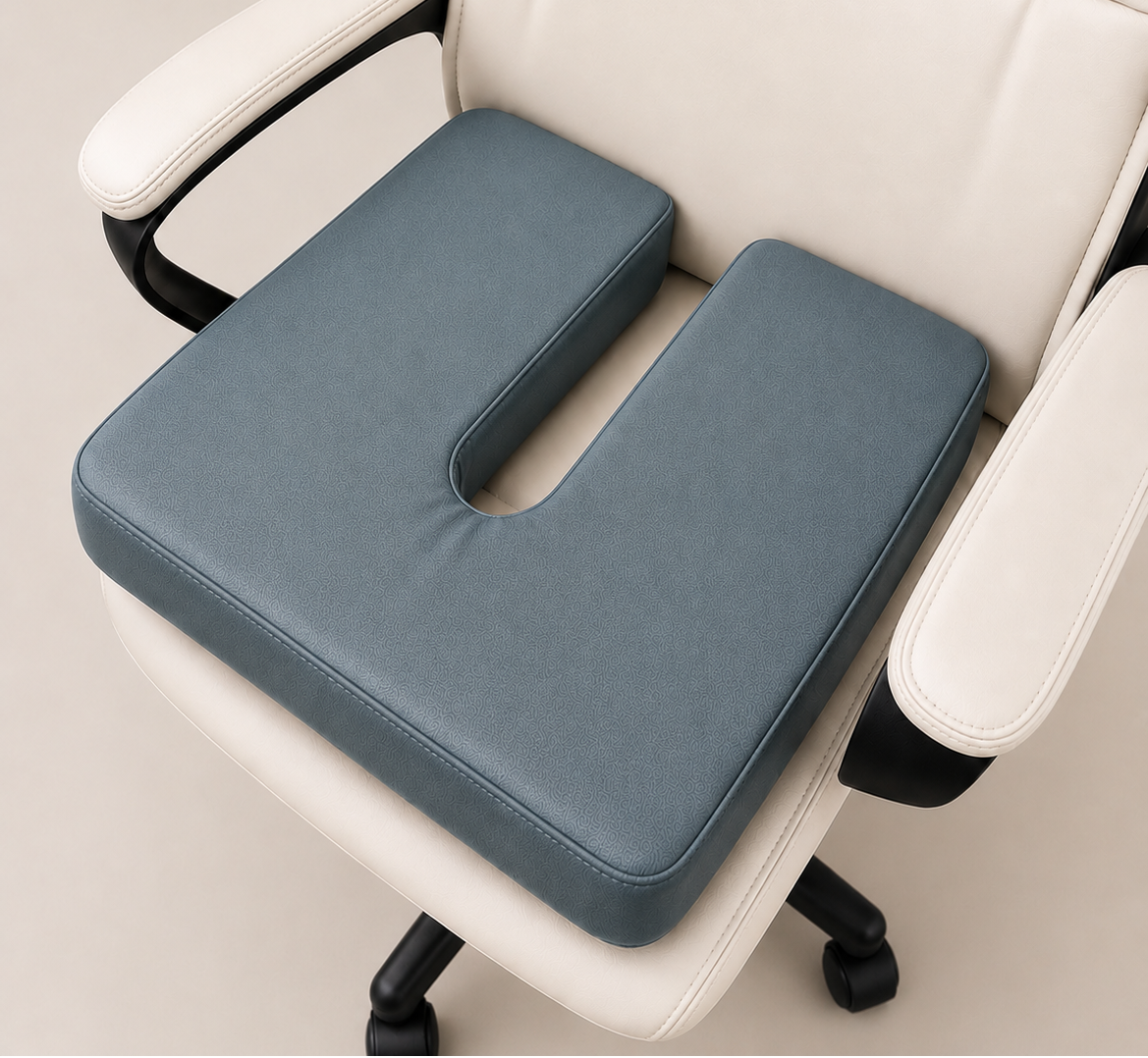 SunCloud Ocean faux leather U-shaped coccyx seat cushion on an office chair with tailbone pressure-relief cutout.
