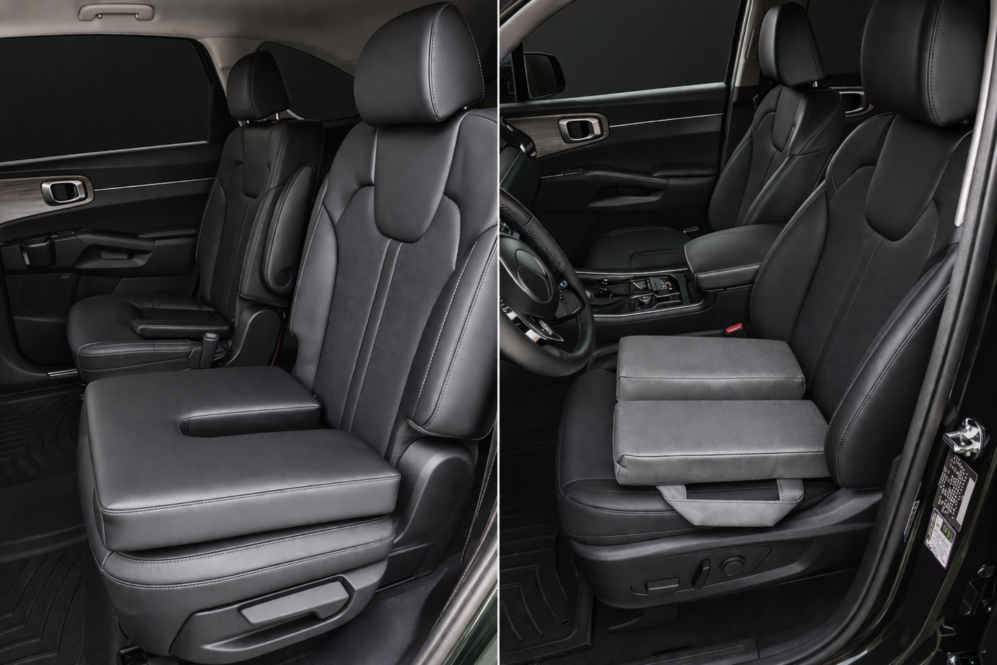 Car seat cushion comparison showing improved posture and enhanced comfort for pelvic and back support using SunCloud® ergonomic cushions