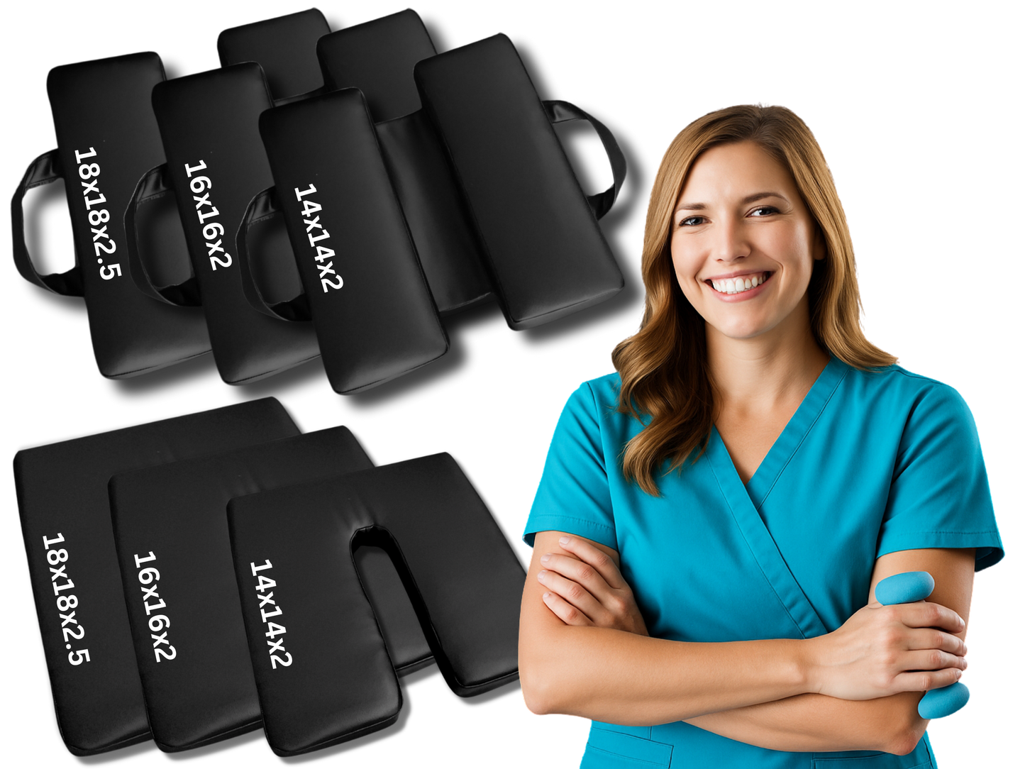 Physical therapist standing beside SunCloud seat cushions in multiple sizes designed for pelvic and sitting support
