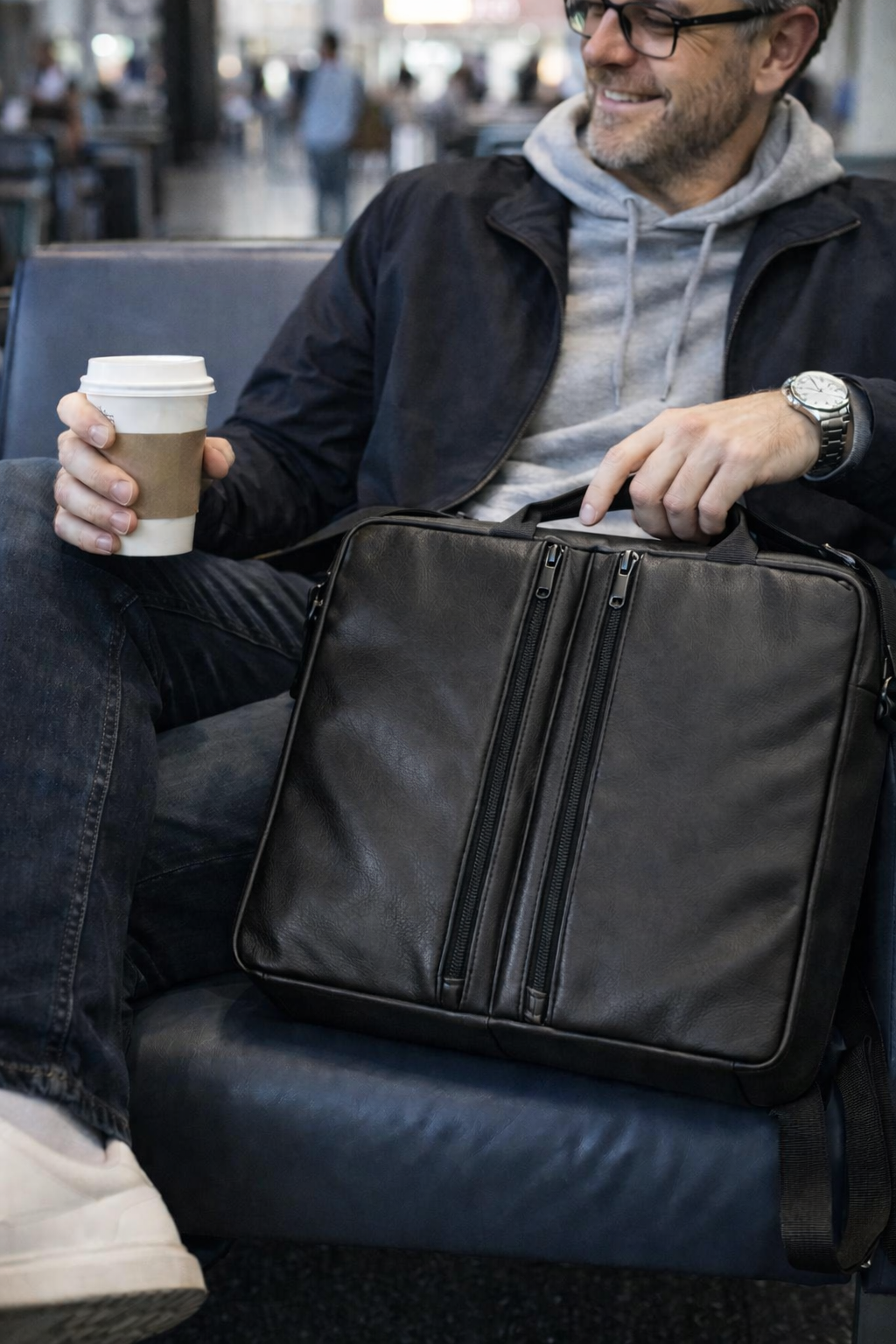 Man seated in an airport holding a SunCloud travel cushion carry case with dual zip compartments