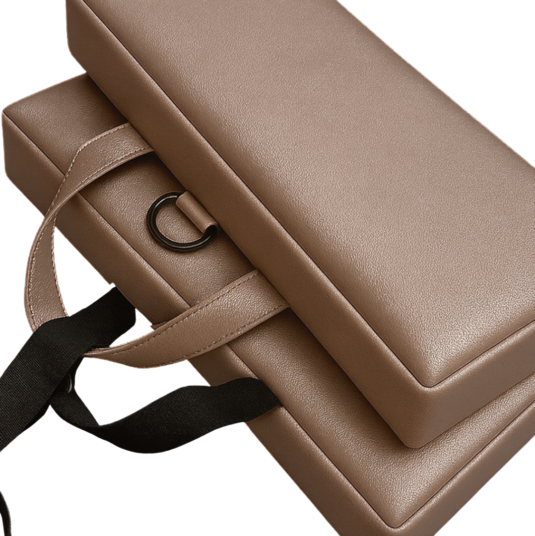 SunCloud® Travel Cushion in elegant pearlescent champagne faux leather with black straps and D-rings, showcasing fine stitching, luxurious sheen, and modern design.