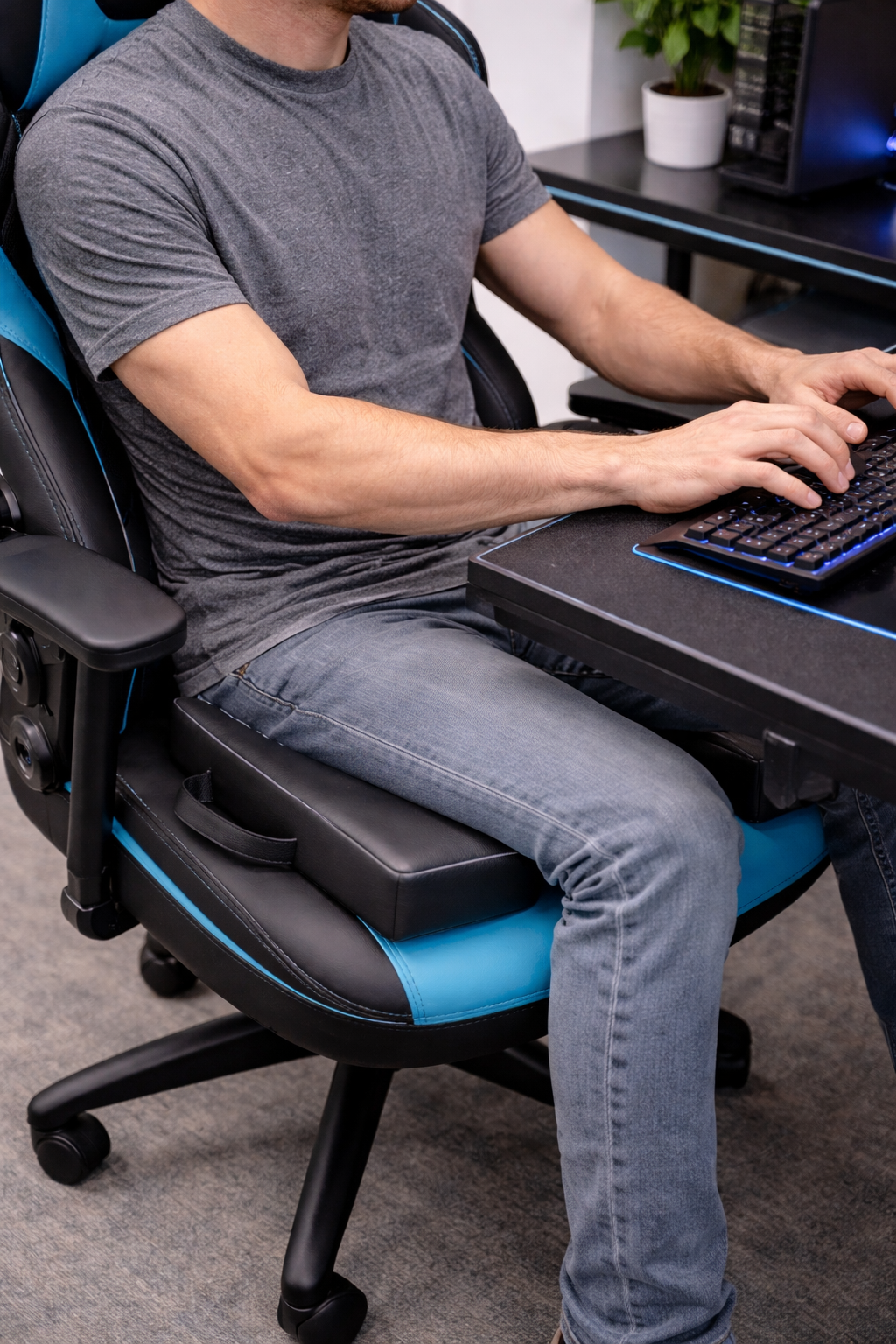 SunCloud travel ergonomic seat cushion with split design for pelvic and tailbone support, shown on office chair for long sitting comfort